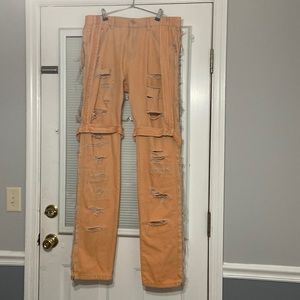 Mens Light Orange MNML Jeans with Rips and Straps Size 34